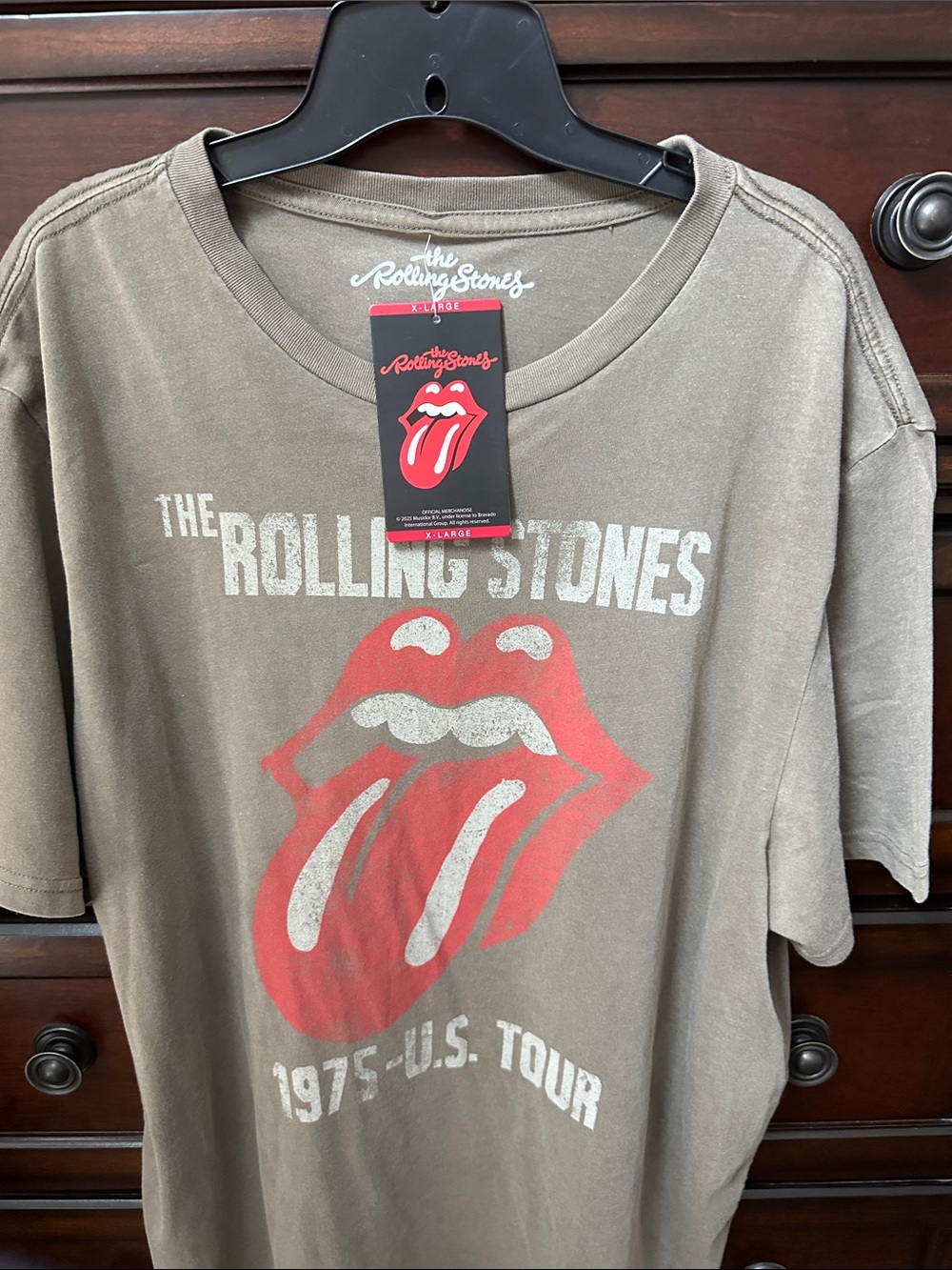 the Rolling Stones Brown Short-Sleeve Tee with Red Tongue Graphic
